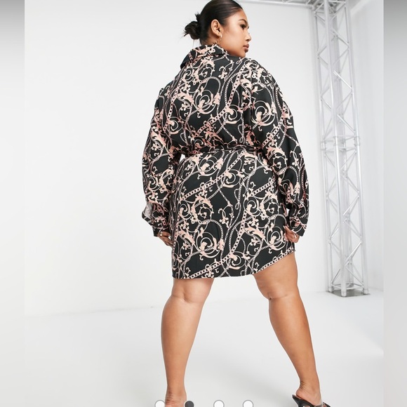 ASOS Design Curve Belted Twill Mini Swing Shirt Dress in Chain Print - Picture 2 of 14